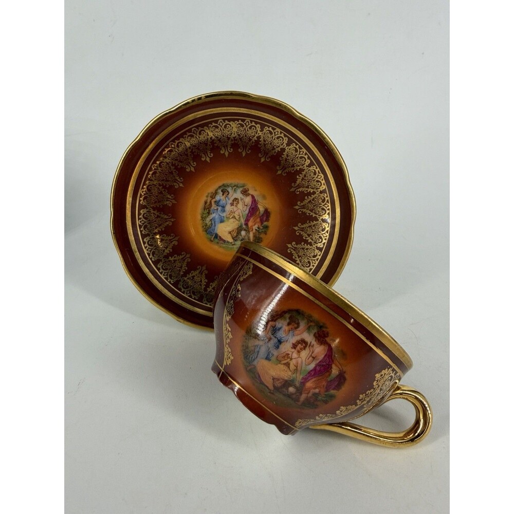 Antique MZ Moritz Zdekauer Tea Cup & Saucer Hand Painted "Three Graces" Demitase